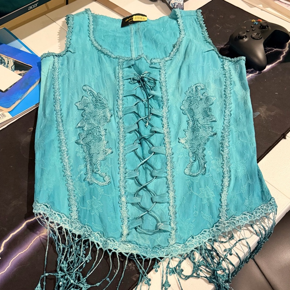 Pat Dahnke Teal Lace-Up Women's Corset Top EUC XL
